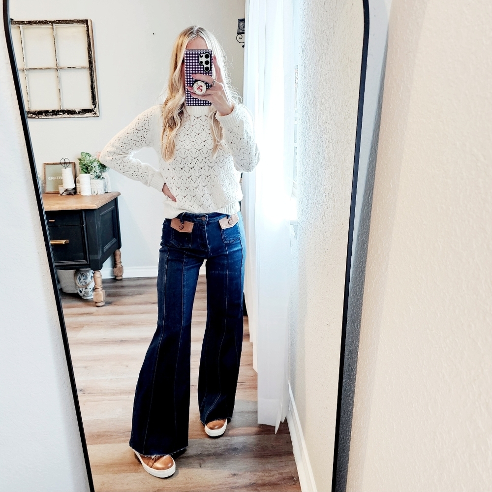 RISEN HR Dark Wide Flare Jeans Front Seam Leather Flap Patch Pocket Various NEW - Picture 13 of 13